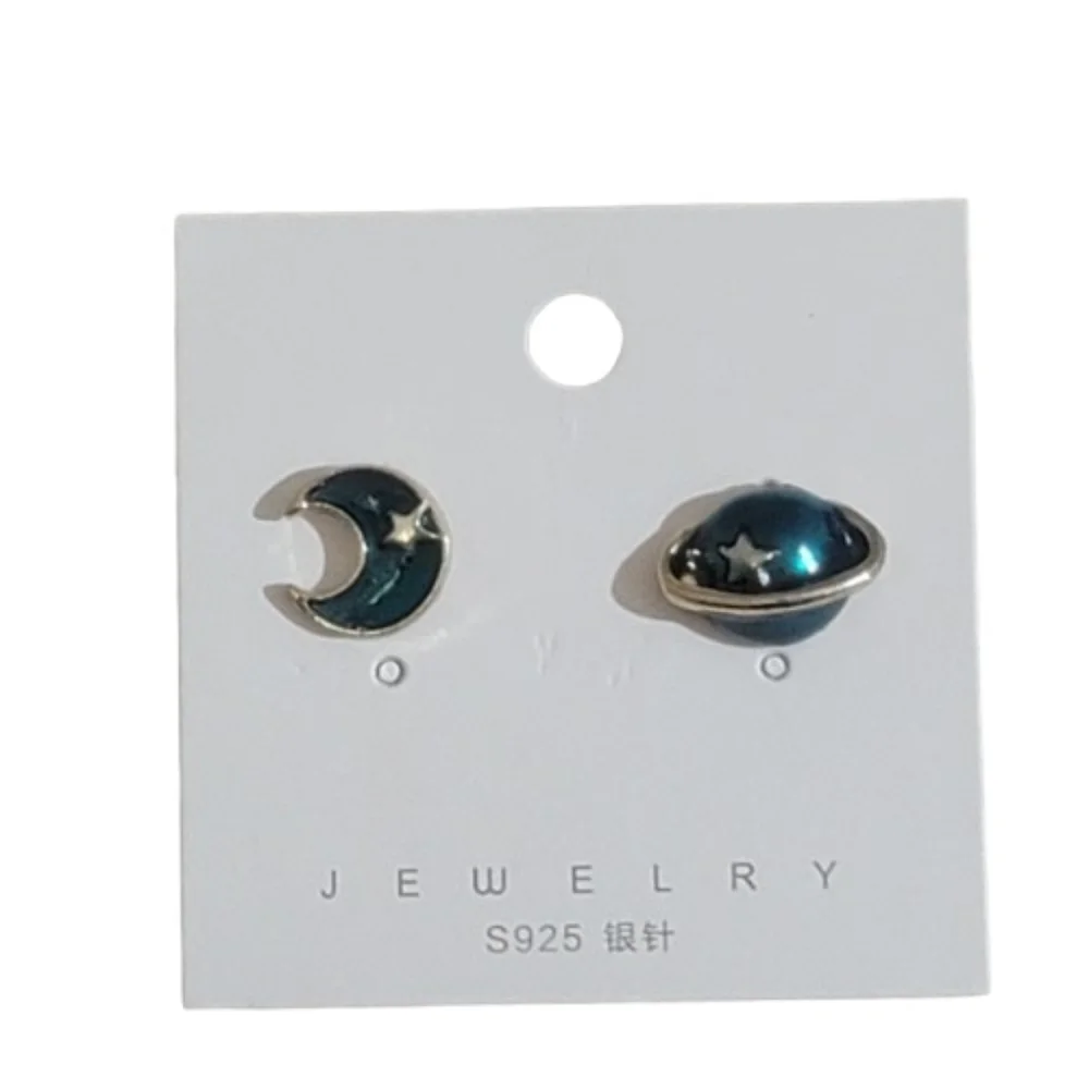 Asymmetrical Celestial Mismatch Stud Earrings Dark Blue Crescent Moon & Star